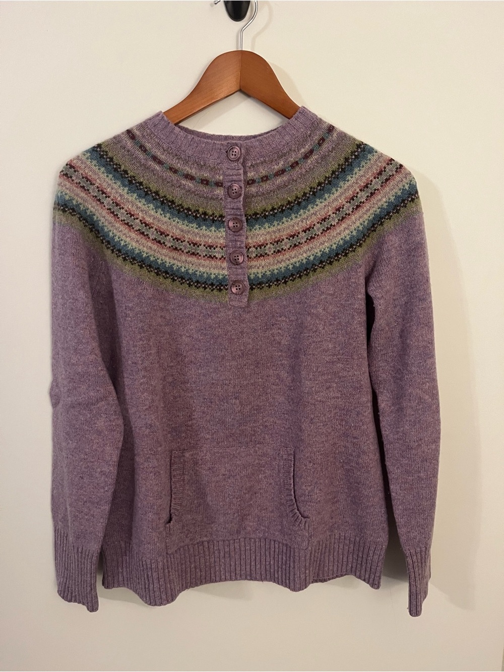 L.L. Bean Lilac Fair Isle Yoke Button-Front Lambswool Sweater